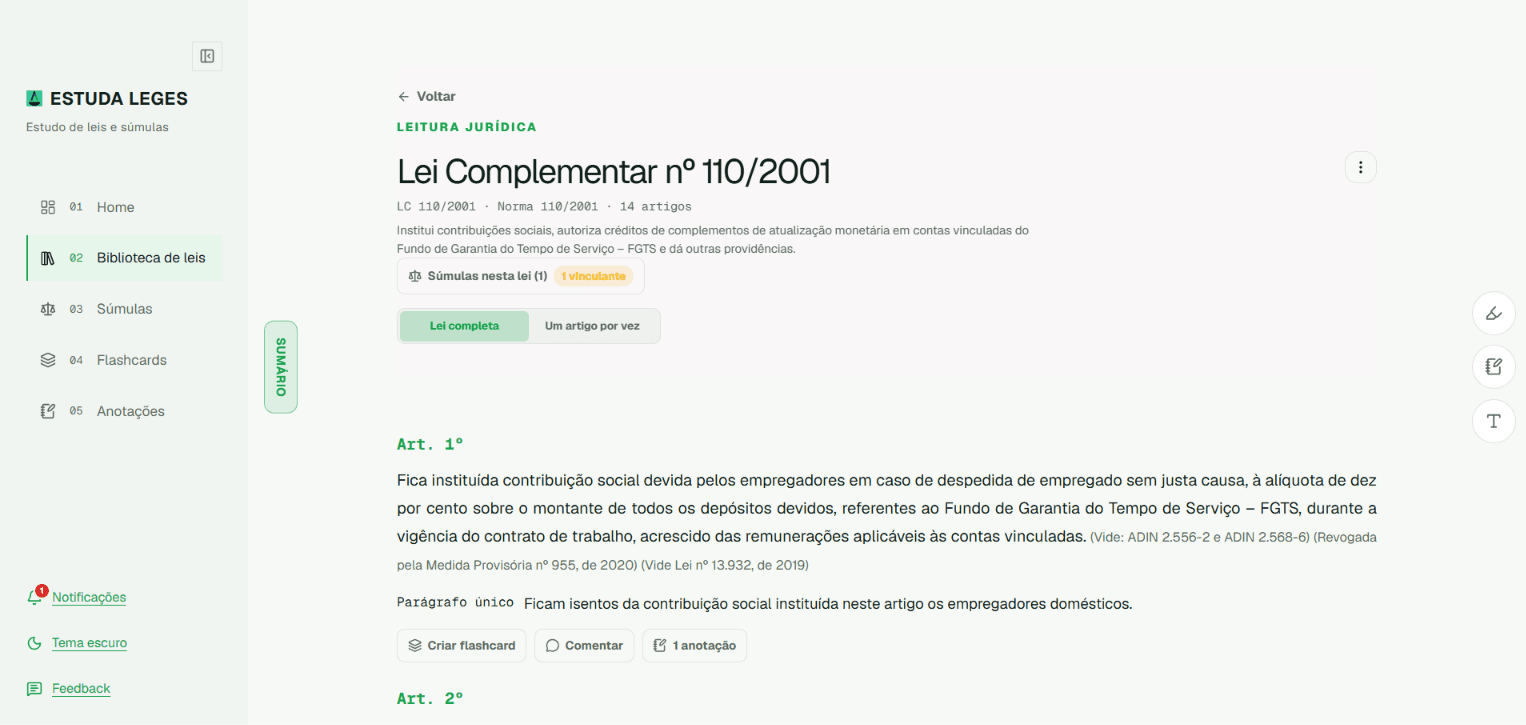 Leitor de lei do Estuda Leges com sumário, súmulas ligadas à lei, leitura de um artigo por vez, criação de flashcard, marcação de texto e ajuste de fonte